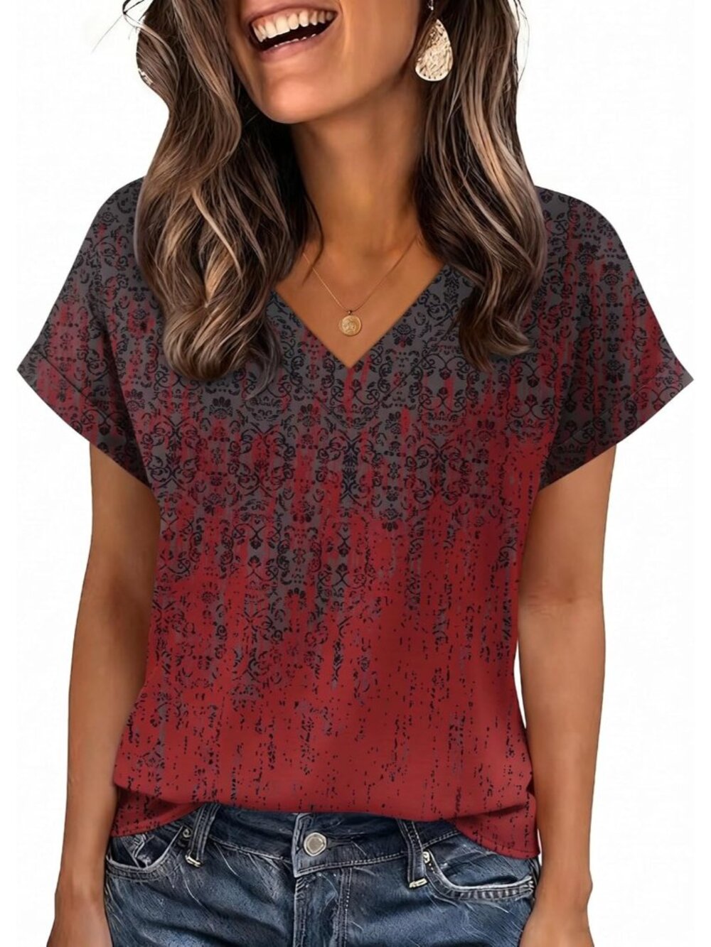 Women's Black Red Short Sleeve V Neck Basic Tees Shirts Casual Tops Blouses